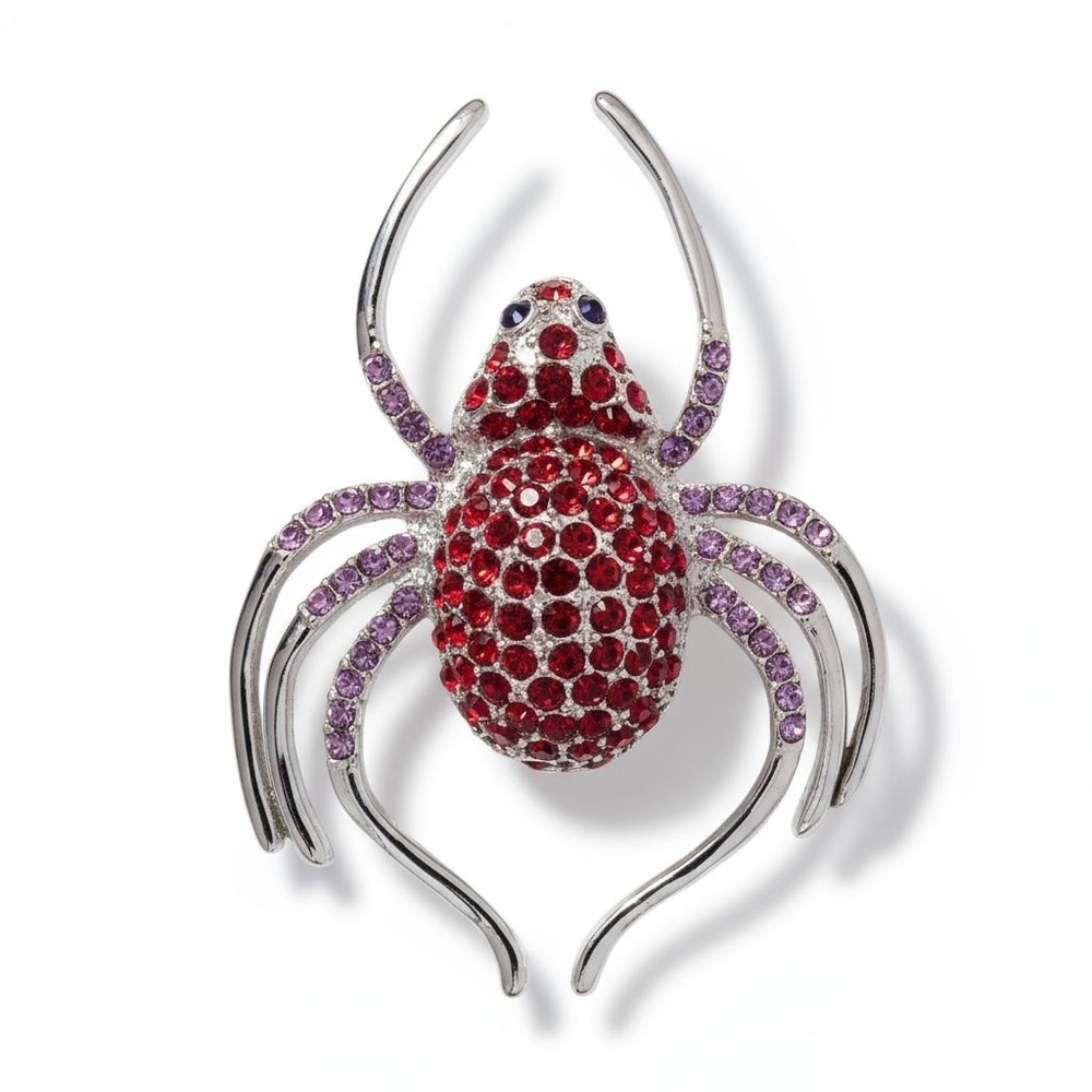 Silver and Red Rhinestone Spider Brooch
